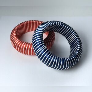 2 Oversized Thread Wrapped Striped Bangle Bracelets Red & Navy Statement Jewelry